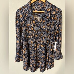Kim Rogers Henley Blouse Navy Floral 3/4 
Sleeve Polyester Blend Size XXL NWT